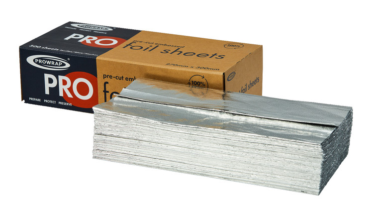 Prowrap Pre-Cut Foil Sheets 270 x 300mm. Convenient, hygienic and waste reducing foil sheets ideal for food prep, wrapping and storage. Approx 500 sheets per box.