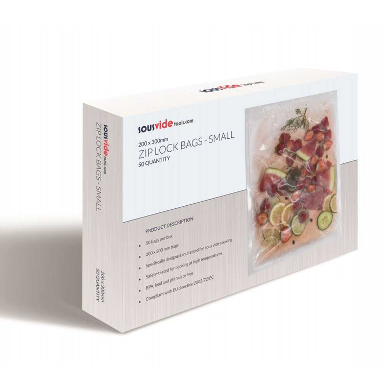 Pack of 50 Zipper Vacuum Packaging Bags 200x300mm for sous vide cooking, marinating, and food storage. With zip seal and tear notch for easy use.