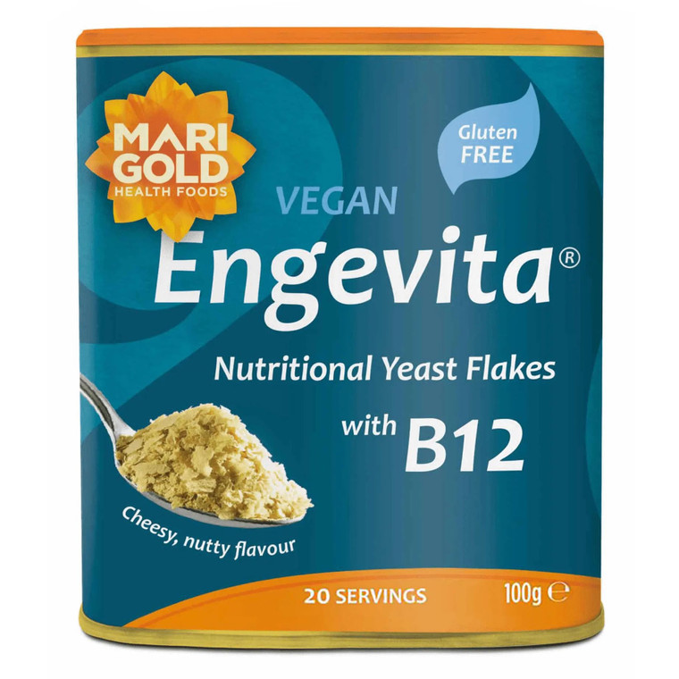 Marigold Engevita B12 Nutritional Yeast Flakes 100g add a savoury flavour and vitamin B Twelve to cooking and finishing on salads soups and grains.