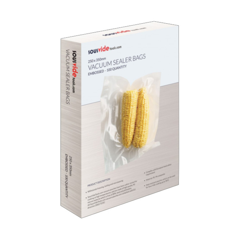 Pack of 100 embossed 250 x 350mm vacuum sealer bags for sous vide, freezing and food storage. BPA free and compatible with most vacuum sealing machines.