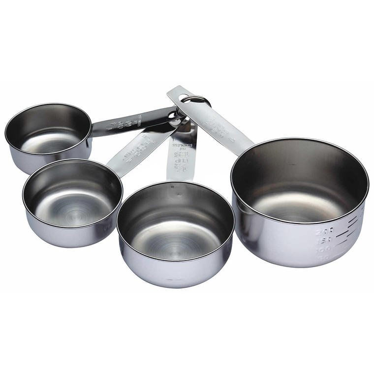 KitchenCraft Stainless Steel 4 Piece Measuring Cup Set with clear markings. Rust resistant, dishwasher safe, ideal for baking and precise cooking.