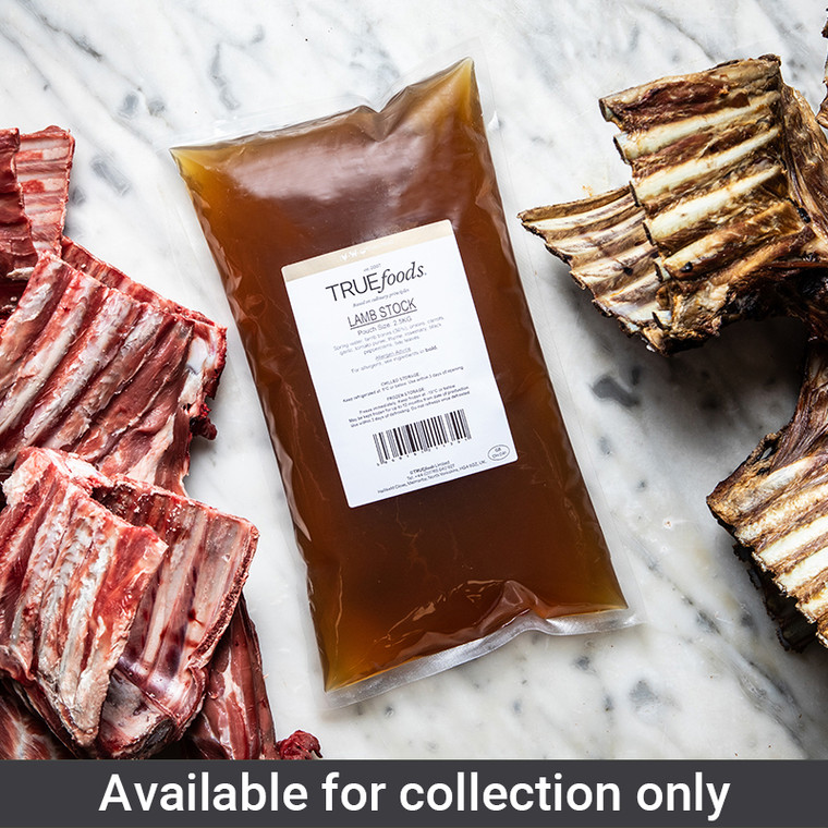 Truefoods Lamb Stock 2.5kg is a clear roasted lamb bone stock with herbs, ideal for gravy, braises, shepherds pie and rich savoury cooking.