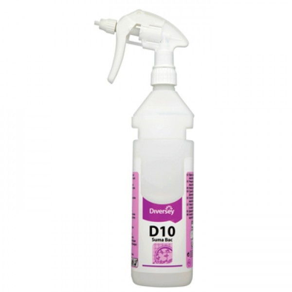 Diversey Suma D10 Spray Bottle 750ml is a refillable trigger bottle for professional kitchens, ideal for cleaning and sanitising surfaces with controlled application.