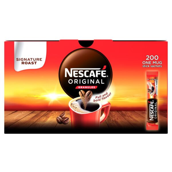 Nescafe Original Instant Coffee Sachets 200 x 1.8g provide quick, consistent coffee in convenient single serve portions for home or workplace use.