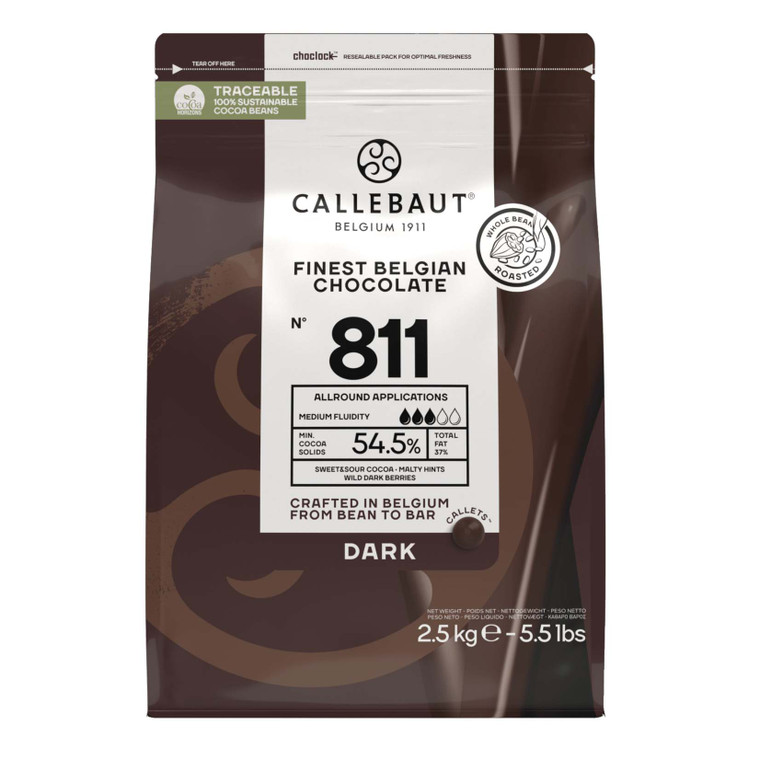 Callebaut 811 Dark Callets 54.5% 2.5kg are premium Belgian dark chocolate callets for baking, melting, tempering and confectionery with rich balanced flavour.