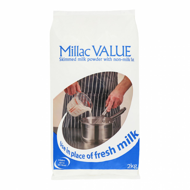 Millac Value Skimmed Milk Powder with Non Milk Fat 2kg is versatile milk powder for baking, sauces, drinks and everyday cooking with easy reconstitution.