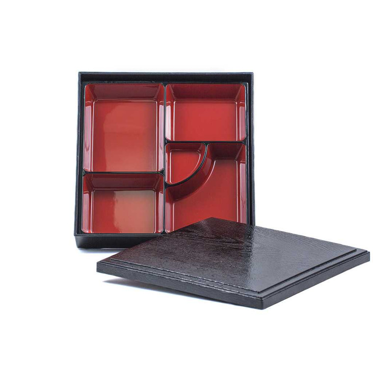 Traditional Red & Black Bento Box with Lid and Insert for stylish Japanese food presentation. Made in Japan from lacquered melamine.