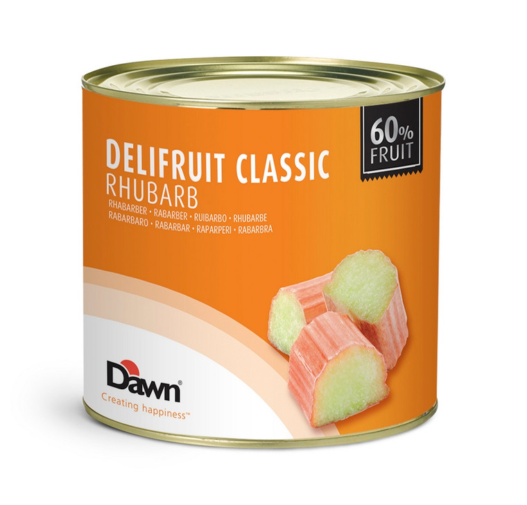 Dawn Delifruit Rhubarb Fruit Filling 2.7kg. Tangy prepared rhubarb filling ideal for pies, crumbles, cheesecakes and desserts.