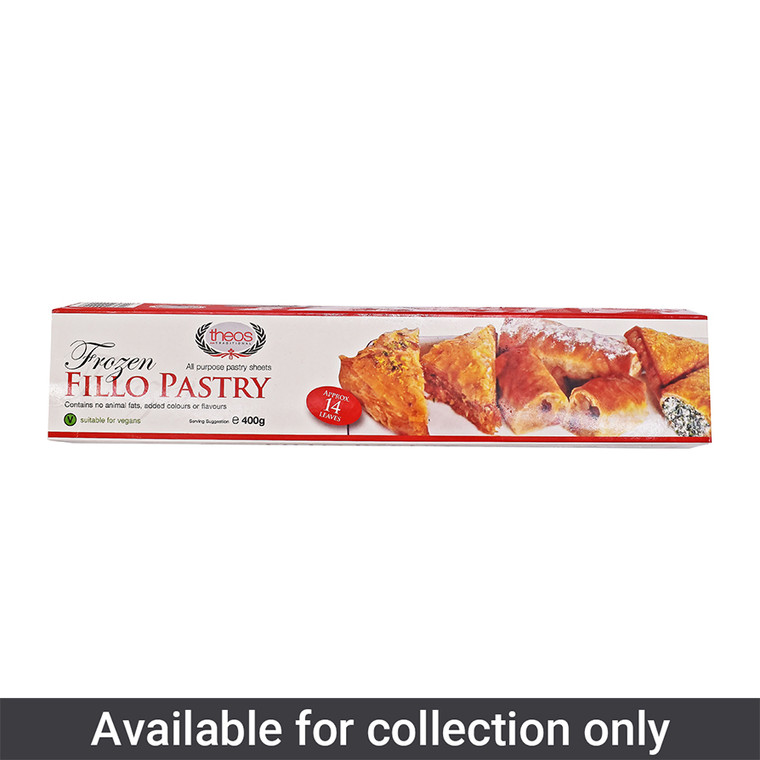 Theos Frozen Fillo Pastry 400g thin sheets of pastry for baklava spanakopita strudel and crisp savoury pastries. Ideal for Mediterranean baking.