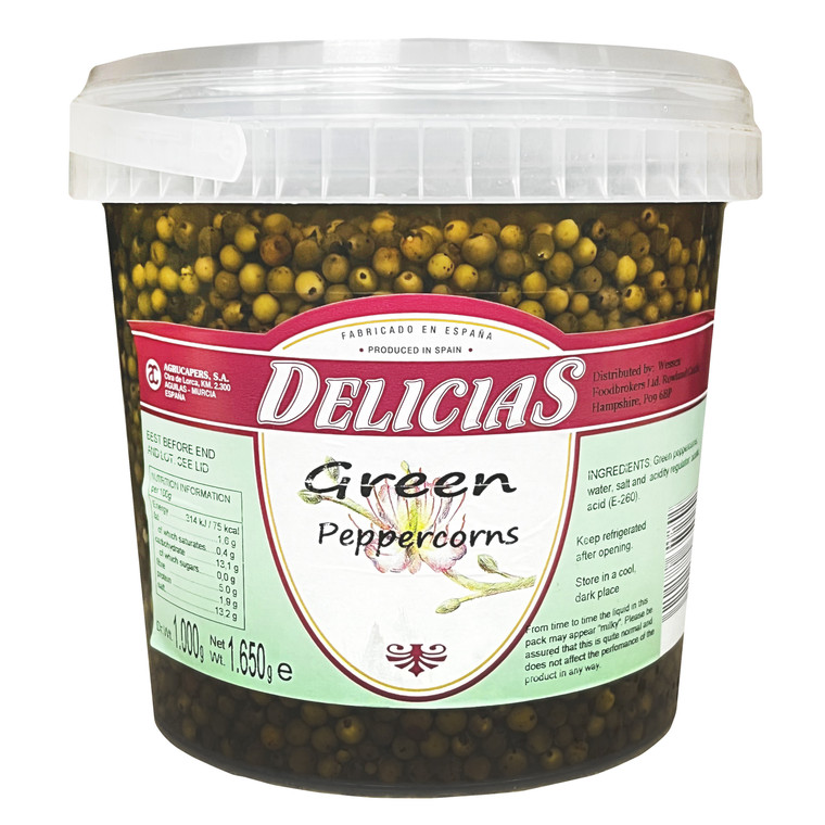 Delicias Green Peppercorns in Brine 1.65kg whole peppercorns with fresh mild flavour. Ideal for steak sauces marinades pâté and classic cooking.