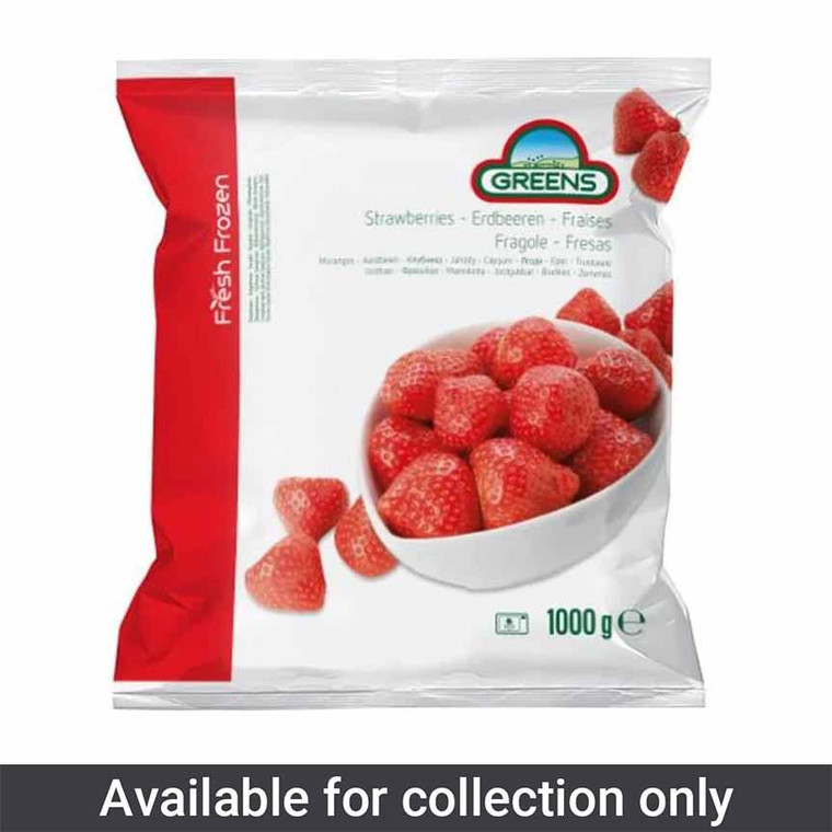Greens Frozen Strawberries 1kg. Sweet whole strawberries frozen at peak ripeness, perfect for smoothies, baking, sauces and desserts.