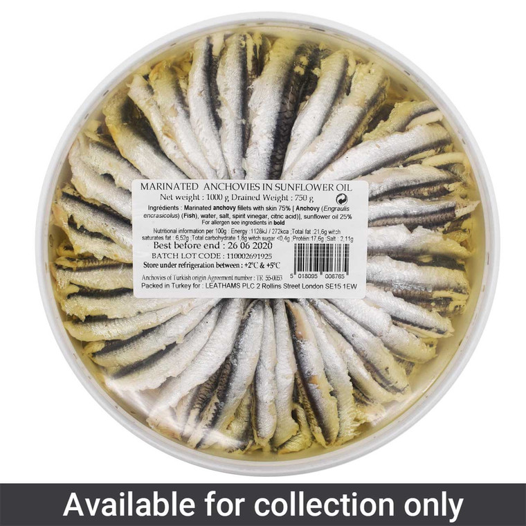 Shop Marinated Anchovies in Sunflower Oil 1kg. Mild, tender anchovy fillets perfect for pasta, sauces, dressings and Mediterranean dishes.