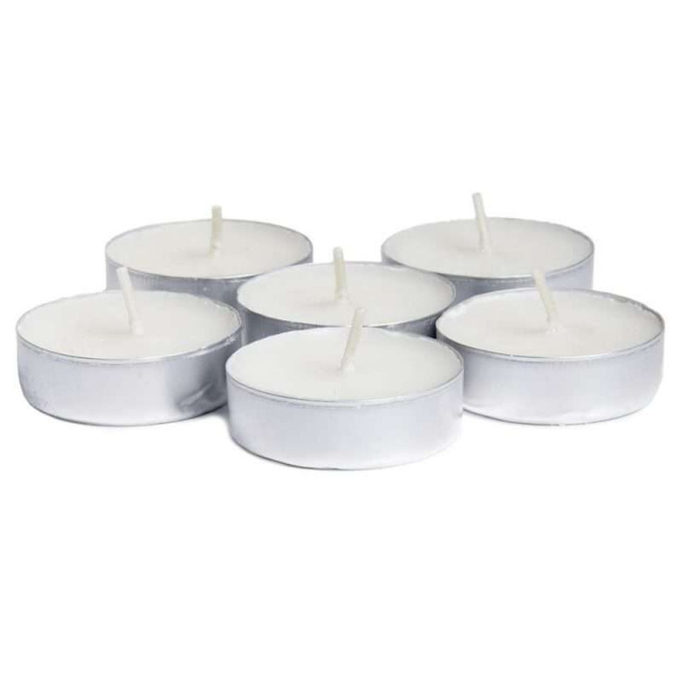 Long Burning Tealights x 50, extended burn candles for table settings, events and ambient lighting, providing a soft, steady glow.