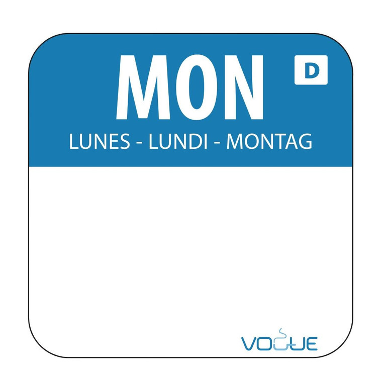 Hygiplas Monday Dissolvable Food Rotation Labels x 1000 blue, colour-coded labels for FIFO storage, dissolving cleanly with no residue.