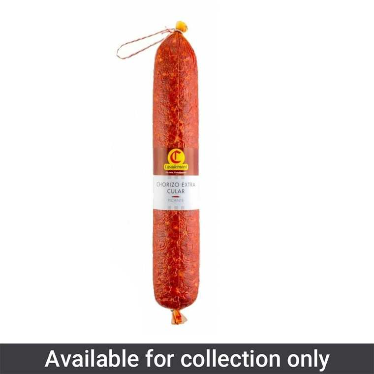 Casademont Whole Chorizo 1.5kg. Spanish cured sausage with rich, smoky paprika flavour, ideal for cooking, slicing and charcuterie boards.