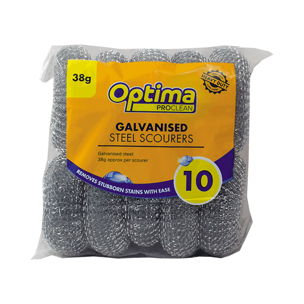 Optima Galvanised Steel Scourers x10 heavy-duty cleaning pads for tough grease and burnt-on food. Ideal for pans, grills and oven trays.