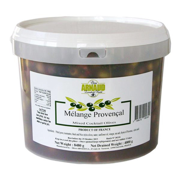 Arnaud Provençal Mix Olives 5kg with herbs and vinegar. A ready-to-serve Mediterranean olive mix, perfect for antipasti, salads and sharing boards.