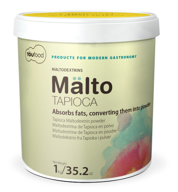 Toufood Malto Tapioca 1kg turns oils into powder. Create olive oil powder, nut toppings and flavour-packed garnishes with ease.