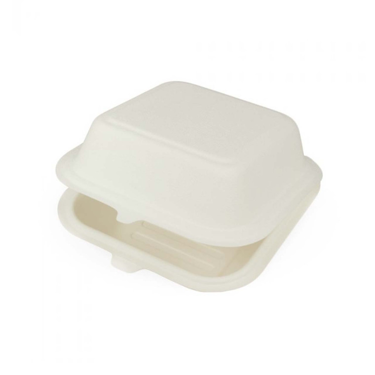 6x6 Sugarcane Clamshell Burger Box x 100. Strong, practical takeaway packaging ideal for burgers, street food, and hot meals.
