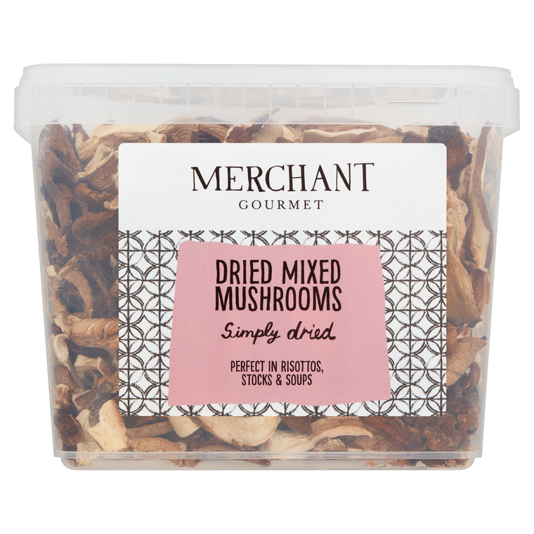 Merchant Gourmet Dried Mixed Mushrooms 400g. A rich blend of oyster, shiitake and porcini for risotto, pasta and flavourful dishes.
