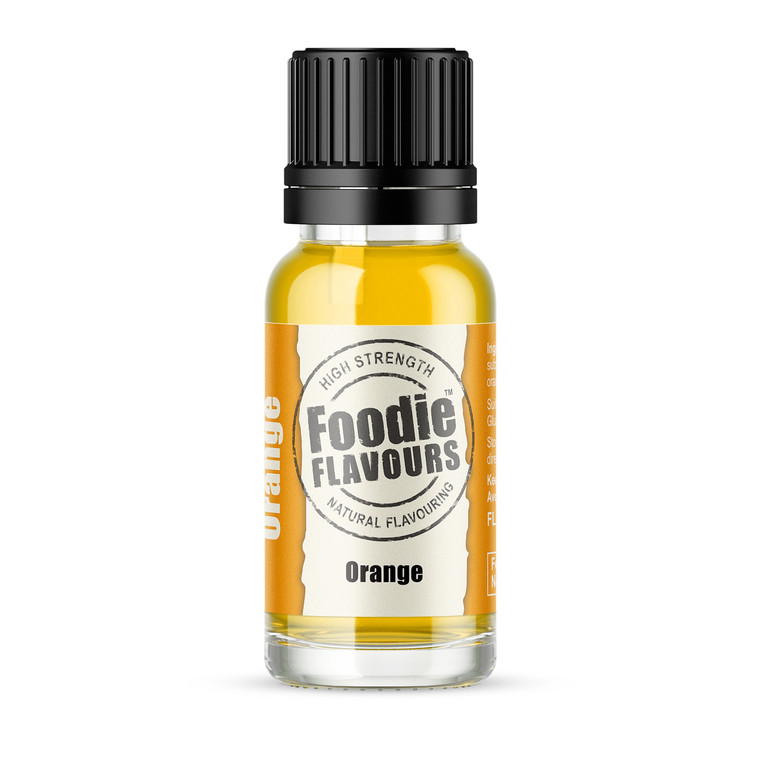 Foodie Flavours Natural Orange Flavouring 15ml. A concentrated natural flavouring for cakes, chocolate desserts, drinks, confectionery and baking.