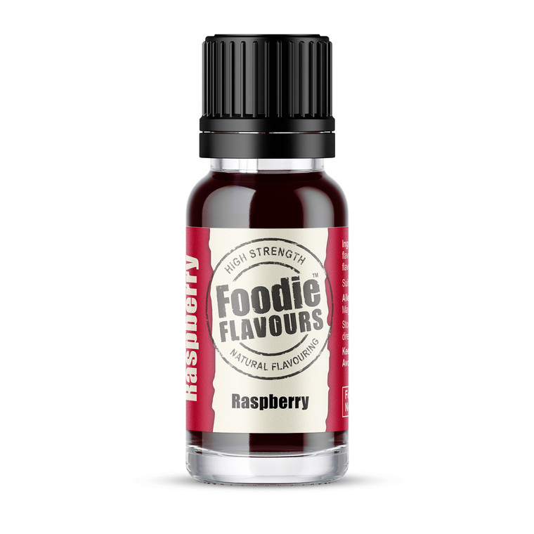 Foodie Flavours Natural Raspberry Flavouring 15ml. A concentrated natural flavouring for cakes, cheesecakes, desserts, drinks and confectionery.