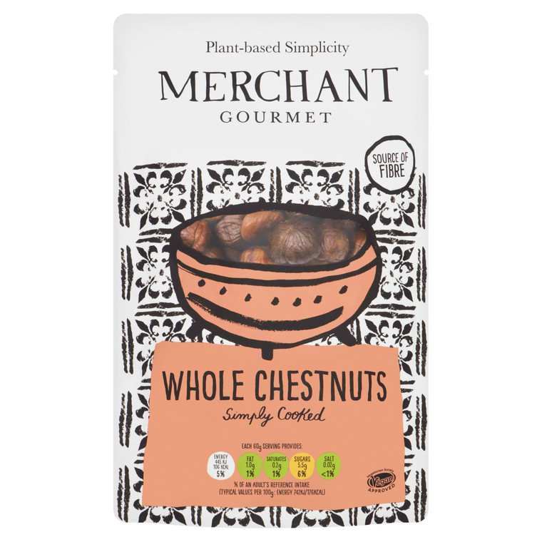 Merchant Gourmet Cooked & Peeled Whole Chestnuts 500g. Ready-to-use chestnuts for stuffing, soups, risottos, festive recipes and desserts.