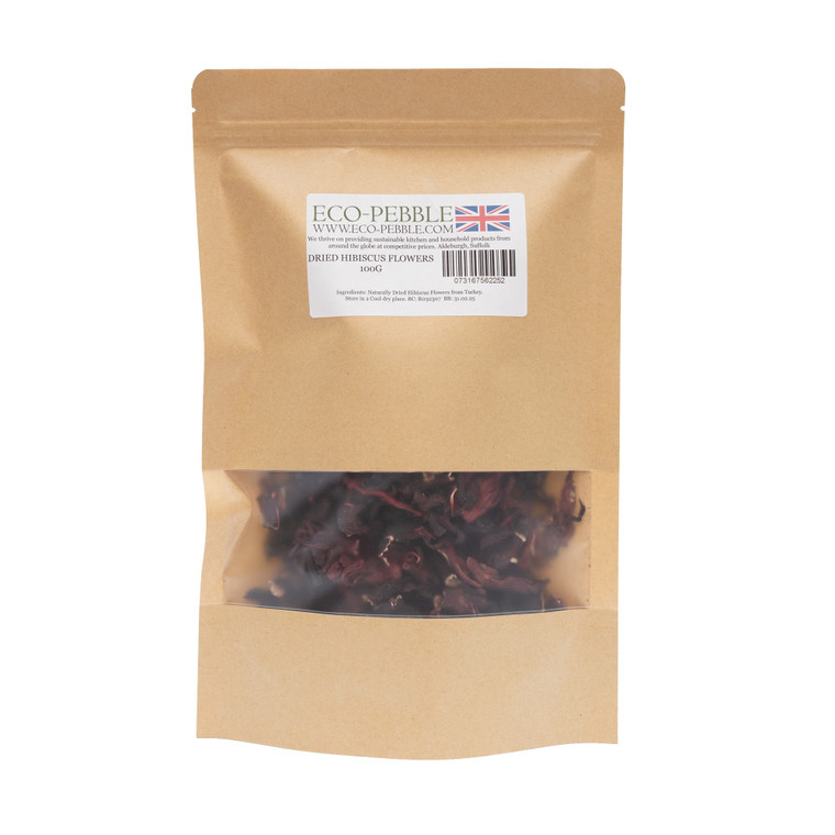 Eco-Pebble Dried Hibiscus Flowers 1kg. Naturally dried hibiscus flowers for teas, syrups, cocktails, desserts, garnishes and botanical recipes.