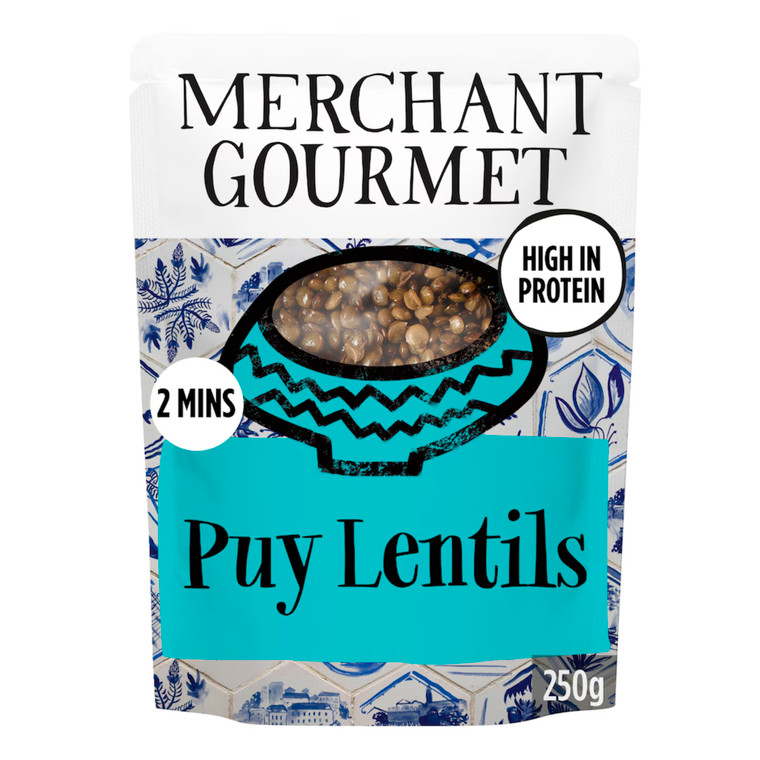 Merchant Gourmet Puy Lentils Ready to Eat 250g. Authentic French lentils with a firm texture, perfect for salads, soups and quick meals.