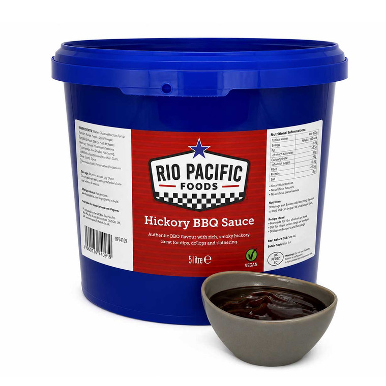 Rio Pacific Hickory BBQ Sauce 5L with rich smoky flavour. Ideal for ribs, burgers, pulled pork, chicken wings, marinades and barbecue dishes.