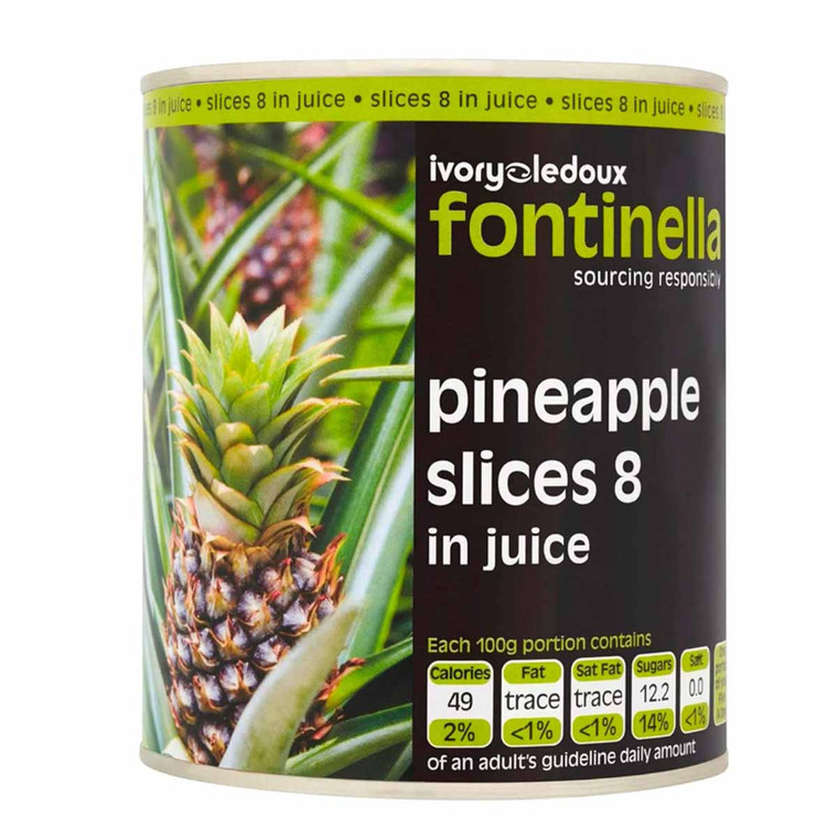 Fontinella Pineapple Slices in Juice 825g. Sweet, juicy pineapple rings packed in fruit juice, perfect for baking, desserts, salads and barbecue recipes.