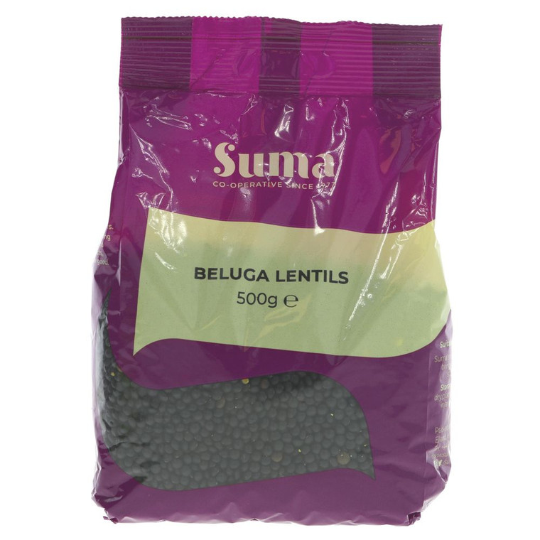 Suma Beluga Lentils 500g. Nutty black lentils that hold their shape when cooked, perfect for salads, grain bowls, side dishes and Mediterranean recipes.