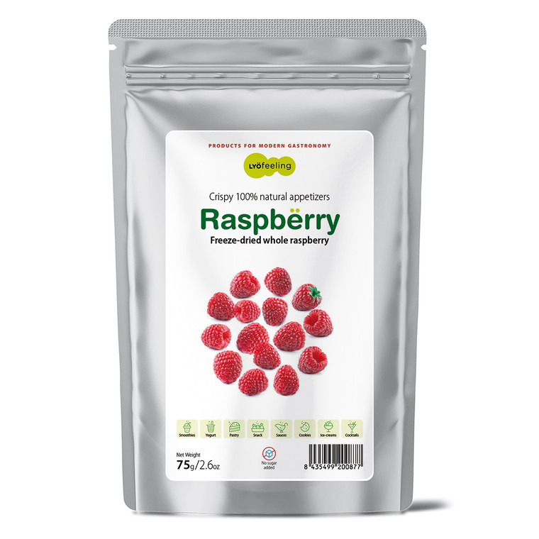 Buy Toufood Freeze Dried Whole Raspberries 75g. Premium 100% natural freeze-dried raspberries for baking, desserts, smoothies, cocktails and breakfast dishes.