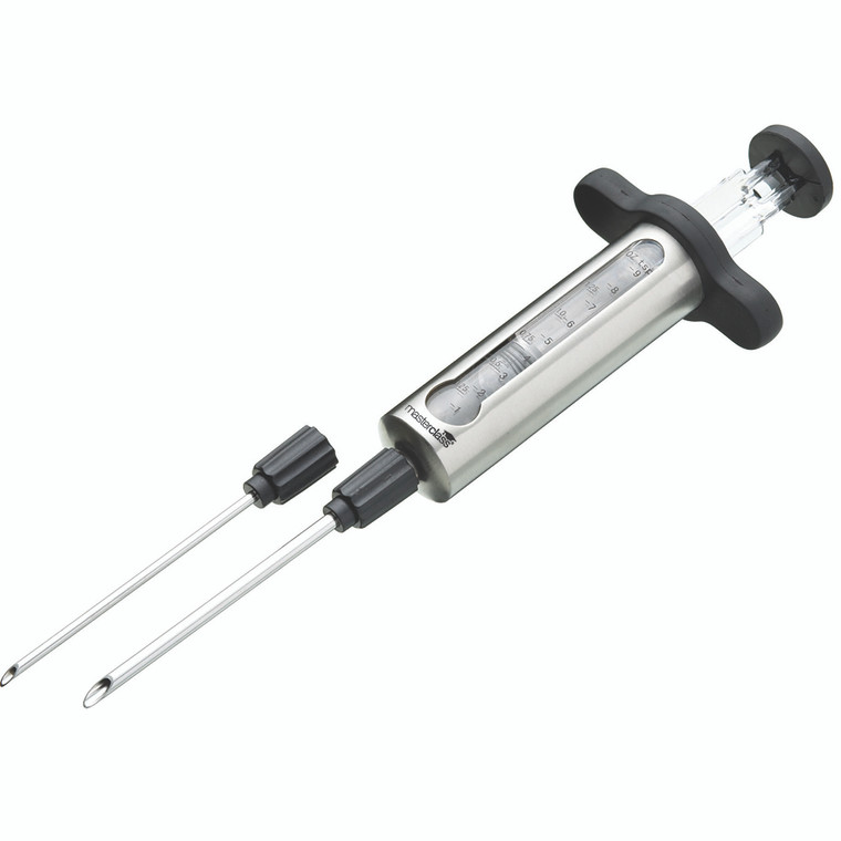 Masterclass Stainless Steel Flavour Injector 30ml with 2 needles for injecting marinades and brines into meat. Ideal for roasts and BBQs.