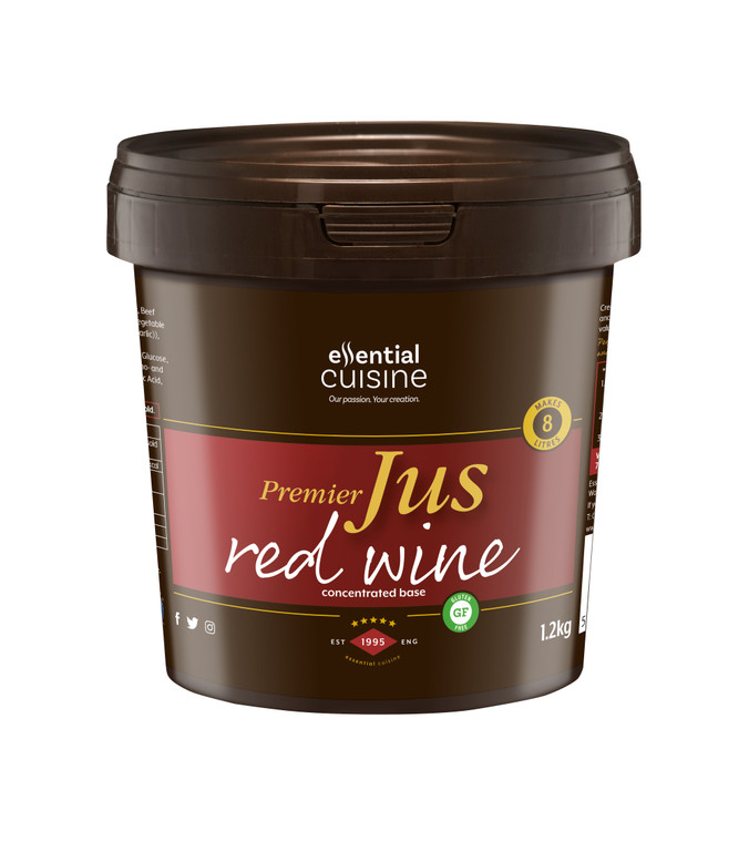 Buy Essential Cuisine Premier Red Wine Jus 1.2kg. A premium concentrated jus made with beef stock and Bordeaux-style wine, producing up to 8 litres of rich, glossy sauce.