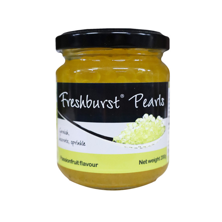 Buy Freshburst Passionfruit Pearls 200g. Bursting fruit pearls for cocktails, desserts, cheesecakes, ice cream, pancakes and tropical drinks with vibrant passionfruit flavour.