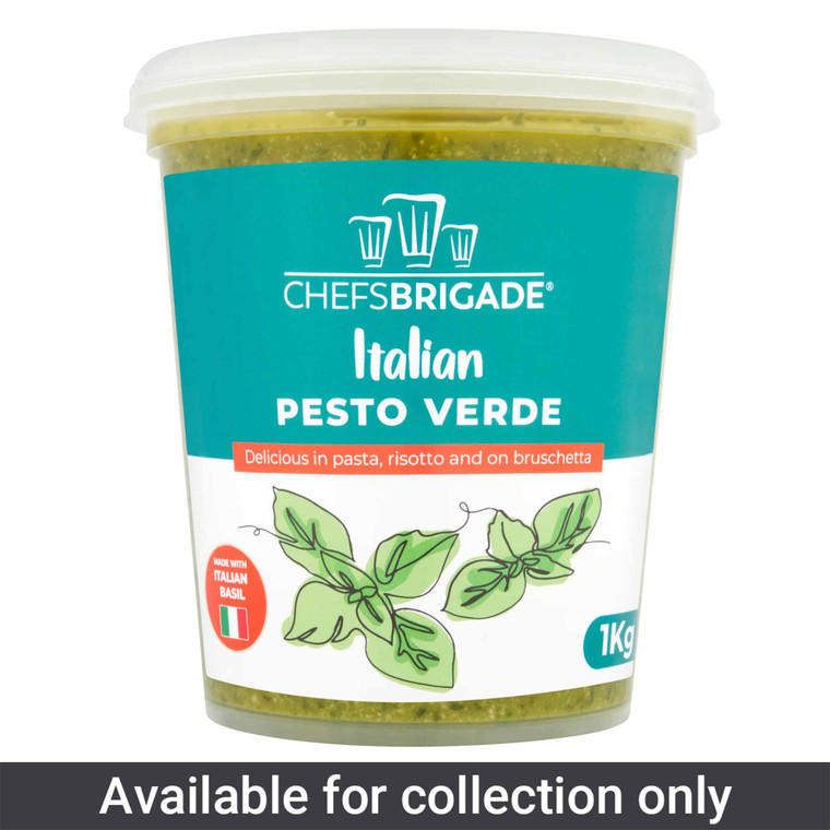 Chefs Brigade Italian Pesto Verde 1kg, green basil pesto sauce with cheese and cashews. Ideal for pasta, chicken, vegetables and more.