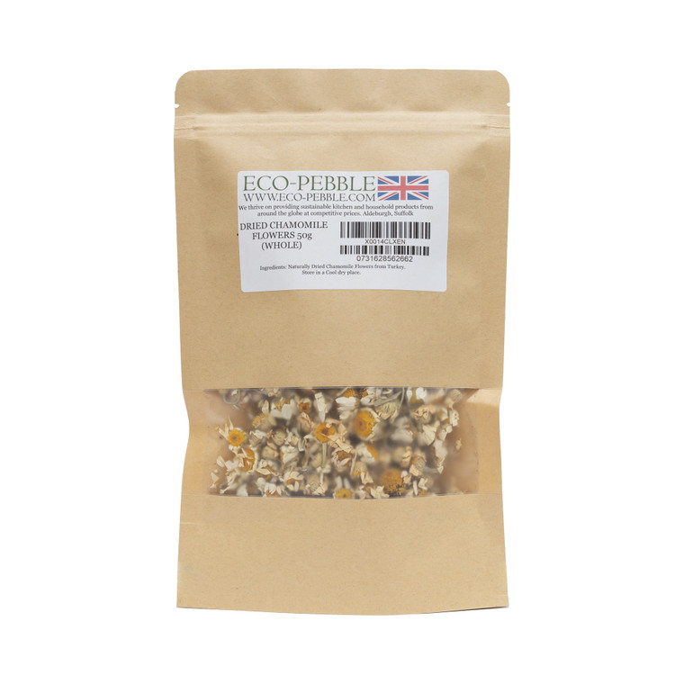 Eco-Pebble Chamomile Flowers 50g are fragrant dried flowers for chamomile tea, botanical infusions, baking, syrups, cocktails and desserts.