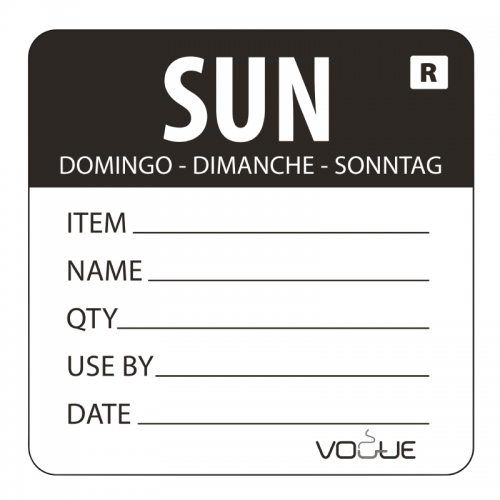 Hygiplas Dissolvable Food Rotation Labels Sunday x 500 are 2 x 2 inch labels for clear food rotation, stock control and reusable food containers.