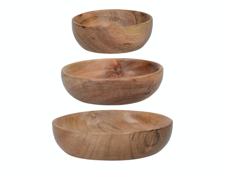 Artesa Set of Three Acacia Wood Serving Bowls in 12.5cm, 10cm and 8cm sizes, perfect for serving olives, nuts, dips, snacks and grazing boards.