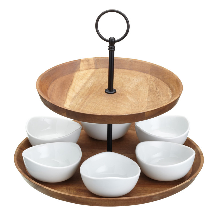 Artesa Appetiser Two Tier Serving Set with acacia wood tiers and six porcelain bowls, perfect for tapas, antipasti, cheese, dips and entertaining.