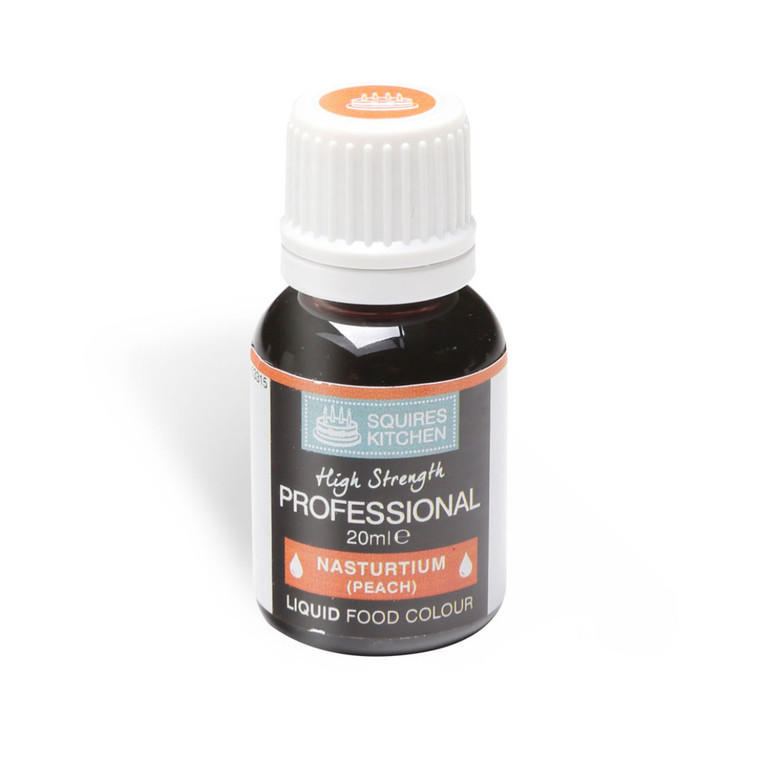Squires Kitchen Liquid Food Colouring Nasturtium Peach 20ml adds warm peach colour to icing, sugarpaste, cakes and decorative bakes.