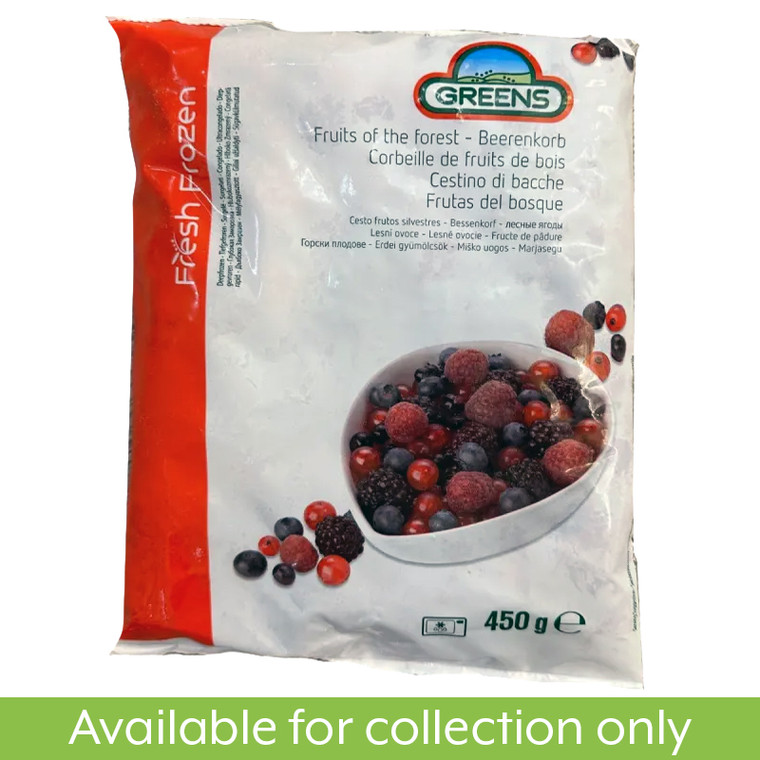 Greens Frozen Fruits of the Forest 450g for smoothies desserts baking and breakfast. A handy freezer essential packed with vibrant flavour.