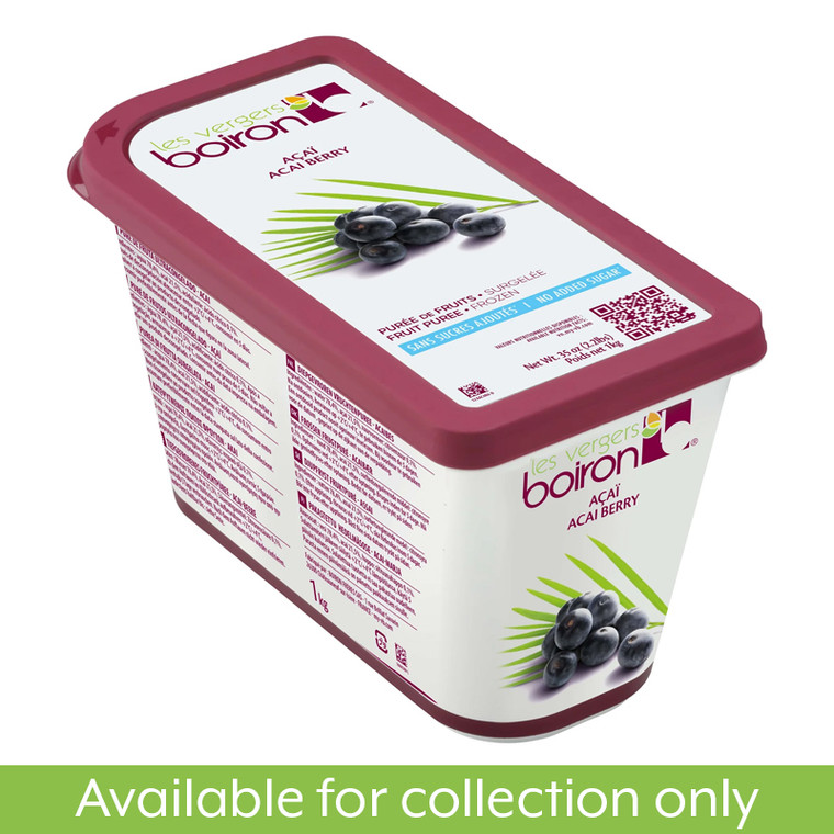 Boiron Frozen Acai Berry Puree 1kg made with 21.5 percent acai. No added sugar. Great for smoothies, acai bowls, desserts, and drinks.