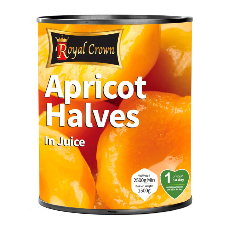 Royal Crown Apricot Halves in Juice 2.5kg tin showing whole apricot halves in light juice. Label includes brand name, product title, and 1 of your 5 a day claim. Royal Crown Apricot Halves in Juice 2.5kg tin showing whole apricot halves in light juice. Label includes brand name, product title, and 1 of your 5 a day claim.