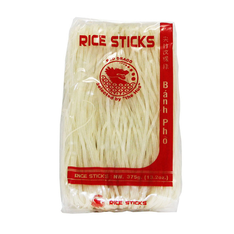 Red Dragon Rice Stick Noodle 3mm 375g for authentic Asian stir fries, soups, salads, and spring rolls. Gluten free and easy to cook.