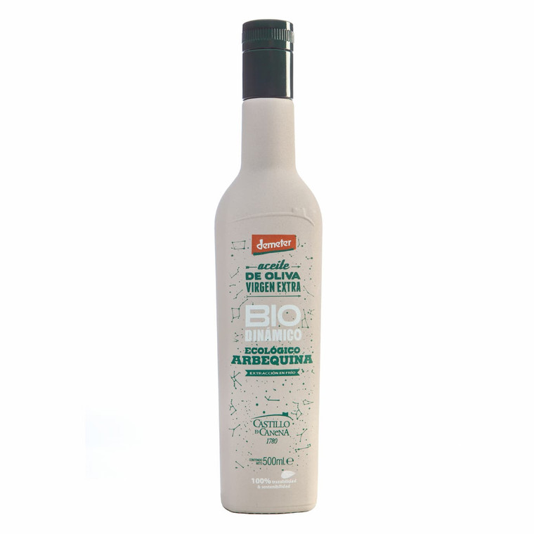 Castillo de Canena Biodynamic Arbequina Olive Oil 500ml. Fresh and herbaceous extra virgin olive oil with notes of apple and almond, Demeter certified.