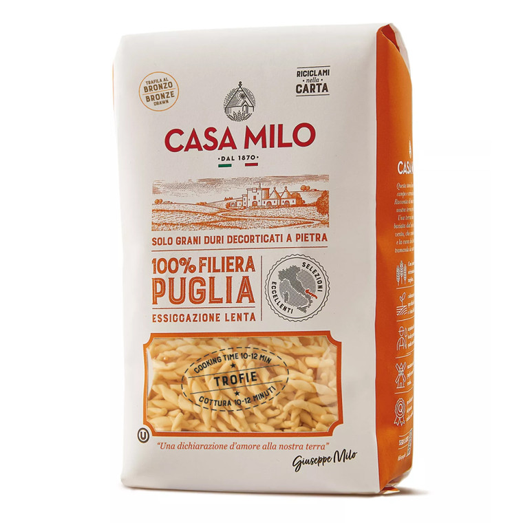 Buy Casa Milo Trofie Pasta 500g online. Traditional Italian pasta with a twisted shape, perfect for pesto, sauces and seafood dishes.