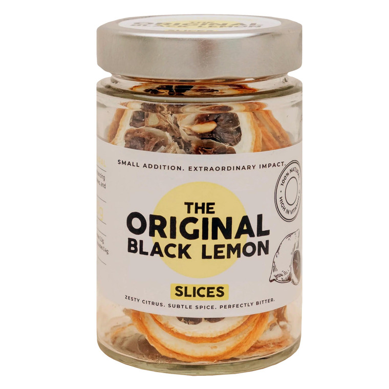 The Original Black Garlic Black Lemon Slices 40g add deep citrus flavour to teas, drinks, roasts, stews, rice dishes and baking with one easy to use slice.