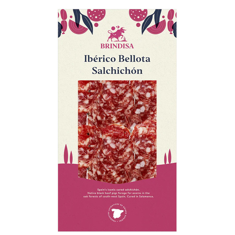 Brindisa Acorn Fed Iberico Salchichón Slices 100g are simply seasoned Spanish cured sausage slices with rich flavour, ideal for charcuterie boards.